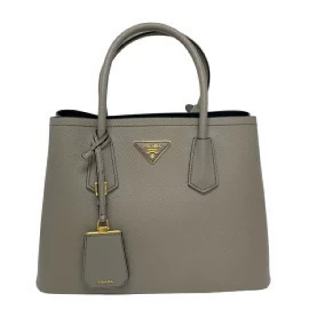 Prada Double Bag Handbag Gray Beige Cream Leather
